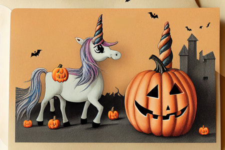 Greeting Halloween Card Cute Cartoon Unicorn with pumpkinの素材