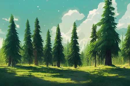 Healthy green trees in a forest of old spruce,の素材