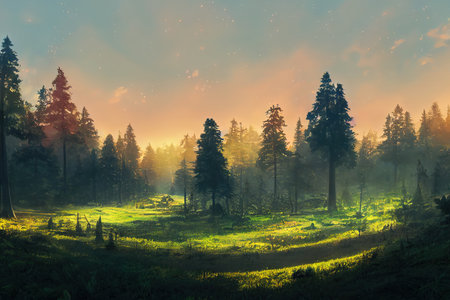 Panorama of a beautiful forest at sunrise, anime style,の素材