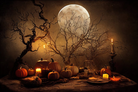 Halloween Background - Old Table With Candles And Branchesの素材