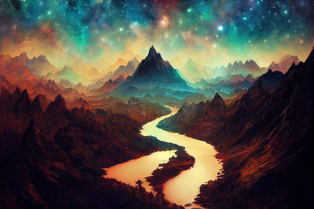 River of stars flows from the mountains, tattoo art,の素材