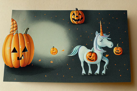 Greeting Halloween Card Cute Cartoon Unicorn with pumpkinの素材