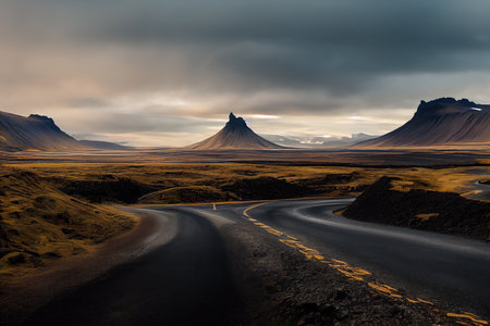 Stunning scenery of Icelandic road in south Iceland, realisticの素材