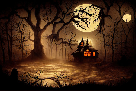 Halloween background. Spooky forest with full moon and woodenの素材