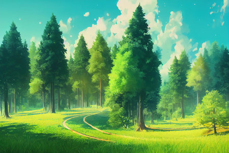 Forest trees. nature green wood sunlight backgrounds, anime style,の素材