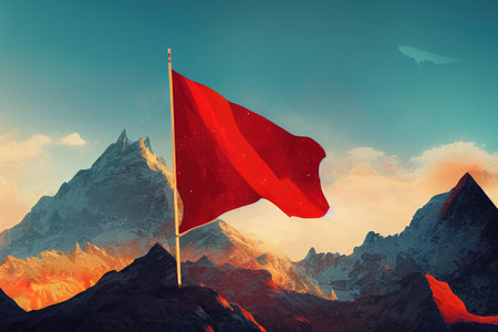 Red flag on a Mountain peak success concept, illustration,の素材