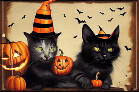 Halloween cats with orange hats in headの素材