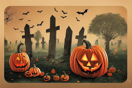 Halloween Card Party - Pumpkins And Zombies In Graveyardの素材