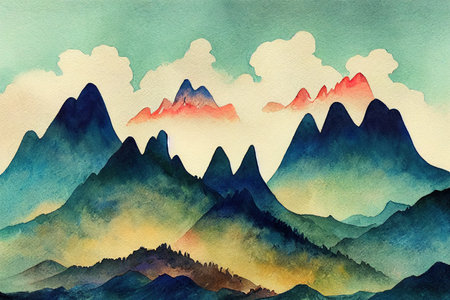 watercolor mountains, toon style, cartoon styleの素材