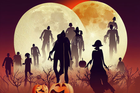 Halloween background with zombies and the moonの素材