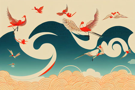 Chinese template with wave pattern , Cloud and waveの素材