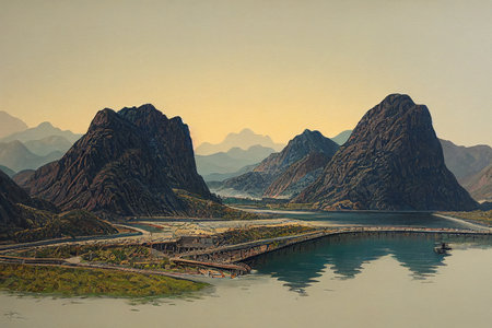 Hatta Dam and Mountains view early morning, Hand painting,の素材