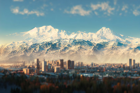 View over Almaty with snow capped mountains in theの素材