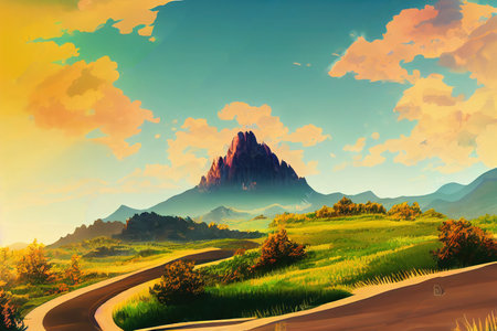 Scenic view from sunlit grassy hill with dirt roadの素材