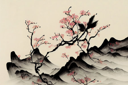 Blossoming sakura branches and misty mountains with gentle slopes,の素材