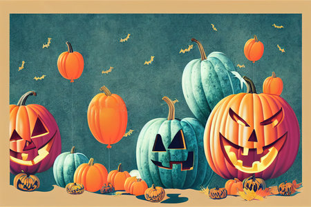 Halloween background, funny pumpkins, balloons and candies. Greeting cardの素材