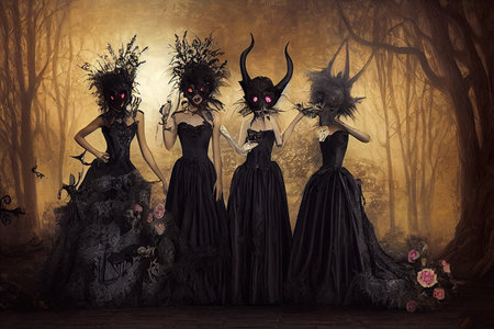 Group of three diverse charming coquettes in dark masqueradeの素材
