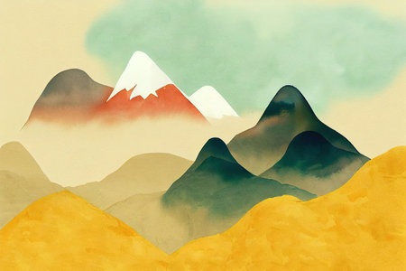 Mountain background , Minimal landscape art with watercolor brushの素材