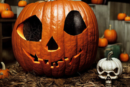 Halloween background. Scary pumpkin and spooky skull on woodenの素材