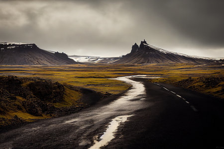 Stunning scenery of Icelandic road in south Iceland, realisticの素材