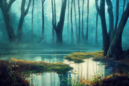 A silent forest on the bank of a riverの素材