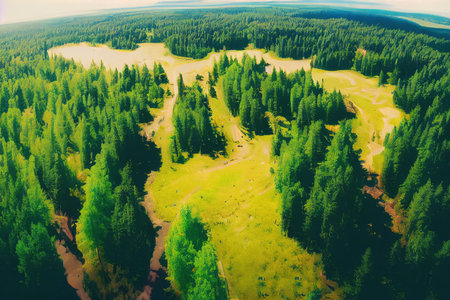 Aerial top view of summer green trees in forestの素材