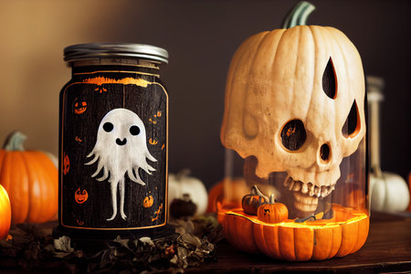 Halloween holiday decoration with ghost in jar and pumpkin with scary face on wooden tableの素材