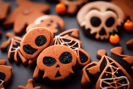 Halloween Gingerbread Cookies on black background, selective focus and blank space. creative Halloween backgroundの素材