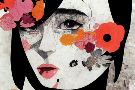 anime style, Abstract contemporary art collage portrait of young woman with flowers on face hides her eyes 2dの素材