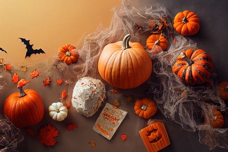 Halloween holiday background with pumpkin and candy. View from aboveの素材