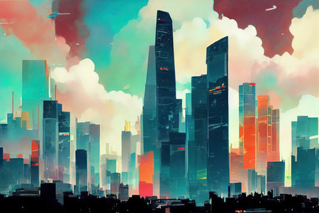 2d stylised painting like illustration of Doha abstract cityの素材