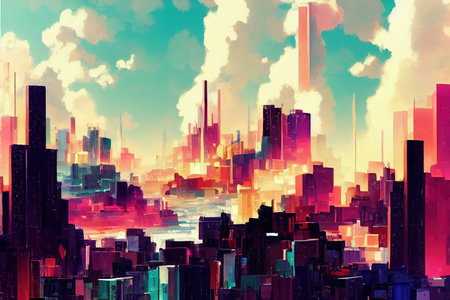 2d stylised painting like illustration of Colombo abstract cityの素材