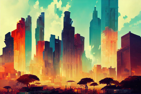 2d stylised painting like illustration of Gaborone abstract cityの素材