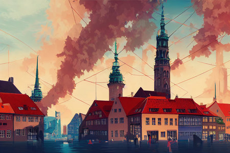 2d stylised painting like illustration of Georgetown abstract cityの素材
