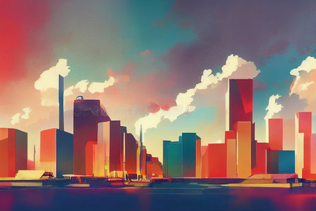 2d stylised painting like illustration of Georgetown abstract cityの素材