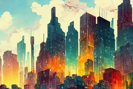 2d stylised painting like illustration of Freetown abstract cityの素材