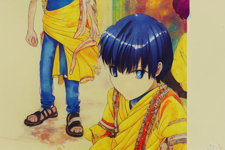 anime style, A kid is posing for a photo wearing yellow Punjabi and blue jeans in saraswati puja. 2dの素材