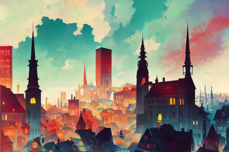 Bern abstract city 2d Anime illustrationの素材