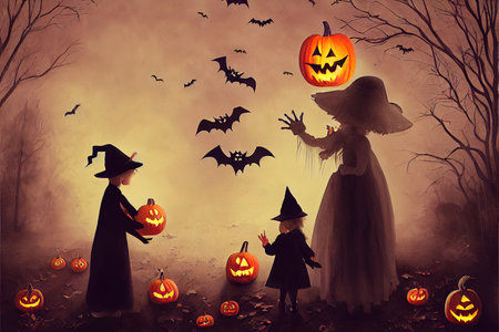 halloween illustration with kidsの素材