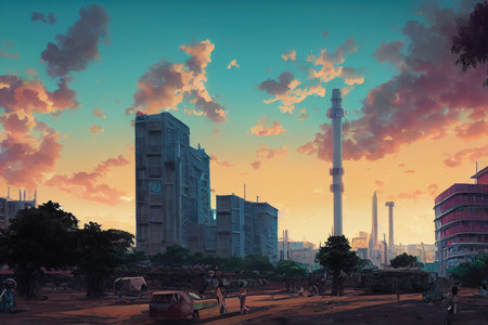 London city 2d Anime illustrationの素材
