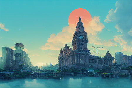 Lisbon city 2d Anime illustrationの素材