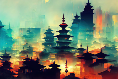 Kathmandu abstract city 2d Anime illustration