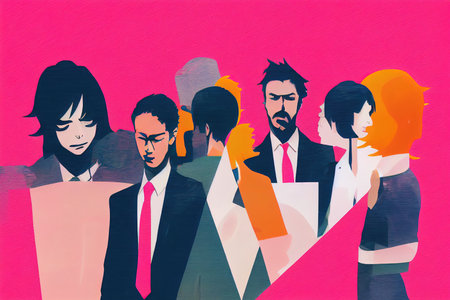 anime style, Business process. Contemporary art collage made of shots of young men and womenの素材