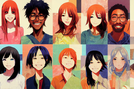 anime style, Contemporary art collage made of shots of young men and womenの素材