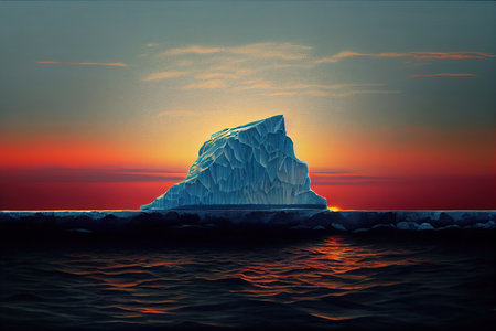 Iceberg. iceberg in the ocean with sunset and birdsの素材