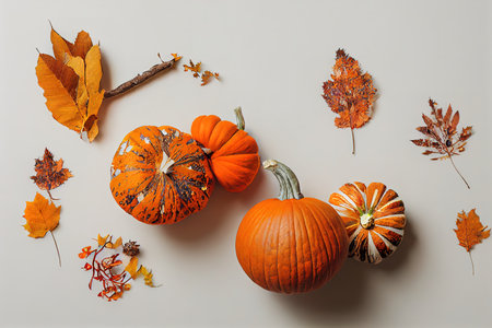 Autumn composition Dried leaves, pumpkins, flowers, rowan berries onの素材