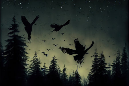 black crows flying in the forest in the nightの素材
