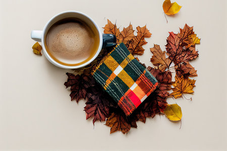 Autumn composition Cup of coffee, plaid, dried leaves onの素材