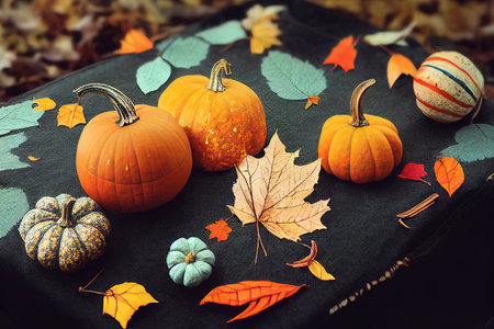 Autumn flat lay composition with pumpkins and fallen leavesの素材