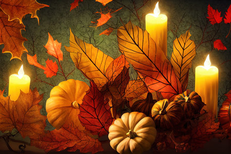 autumnal leaves, cones, acorns and candle in glass lanternの素材